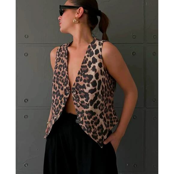 Leopard Print Vest Waist Length Notched VNeck NEW NWT Brown Black 3 Button Lined - Picture 6 of 10